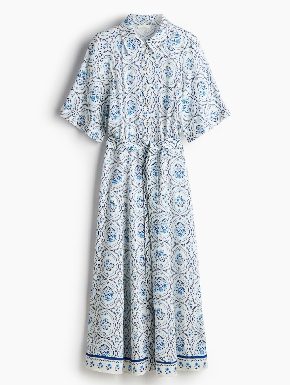 H&M Tie belt Blue & White Printed Shirtwaist Dress M